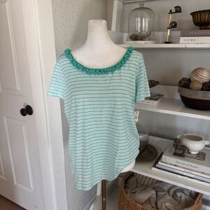NEW Talbots Shirt Sz 2X Green Striped Linen Blend Pom Pom Casual Lightweight Top
